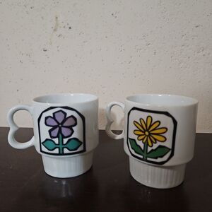 Vintage 1960s Purple & Yellow Woodhue R6752 Floral Stacking  Cups Ceramic